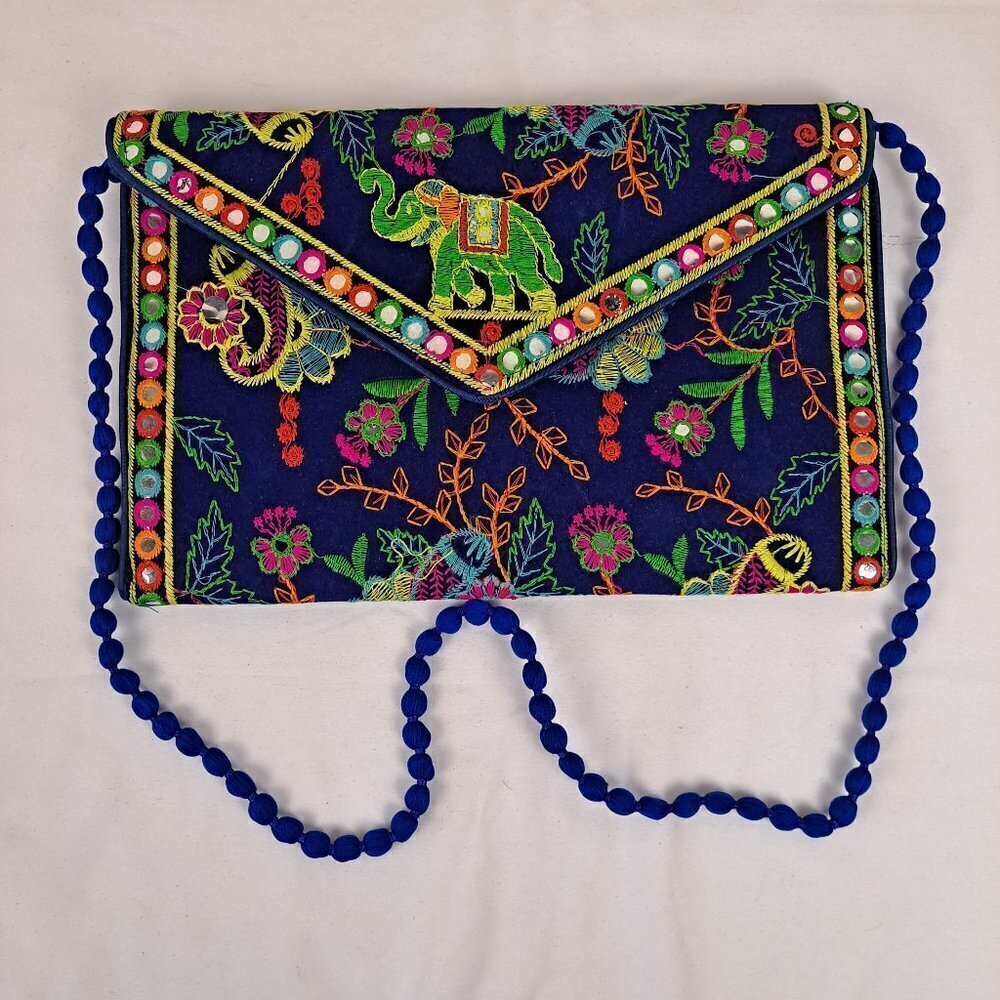 Navy Blue Clutch Bag Colorful Embroidery Elephants Floral Mirror Details NWOT